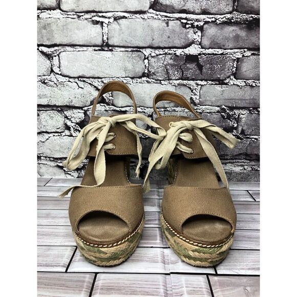 Tory Burch Taupe Canvas Textile Green Tan Espadrilles Wedge Women Sz 10M US/41EU - Picture 2 of 15
